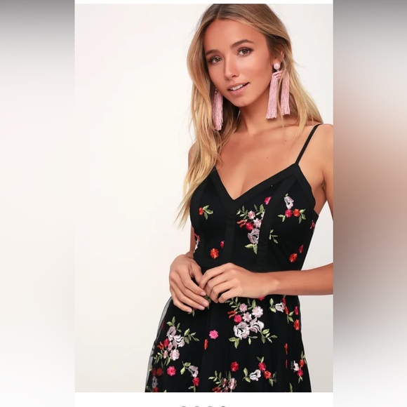 Lulu’s Favorite Fleur Black Mesh Floral Embroidered Skater Dress Sz L NWT - Picture 4 of 15